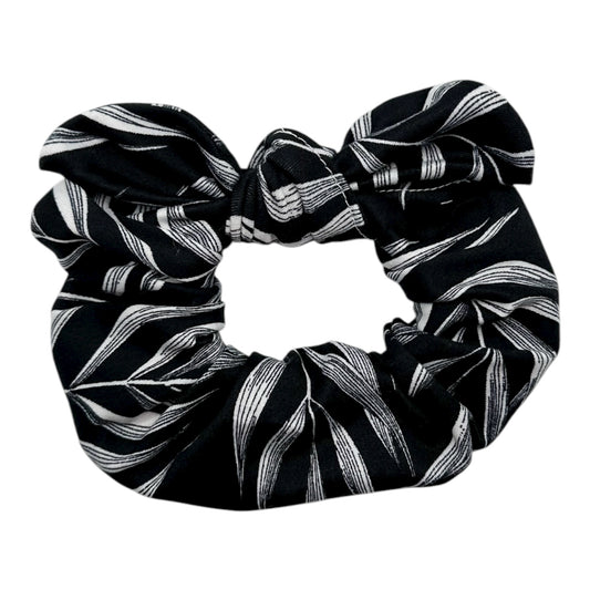 BLACK W/ WHITE PALM LEAVES - BOW SCRUNCHIE