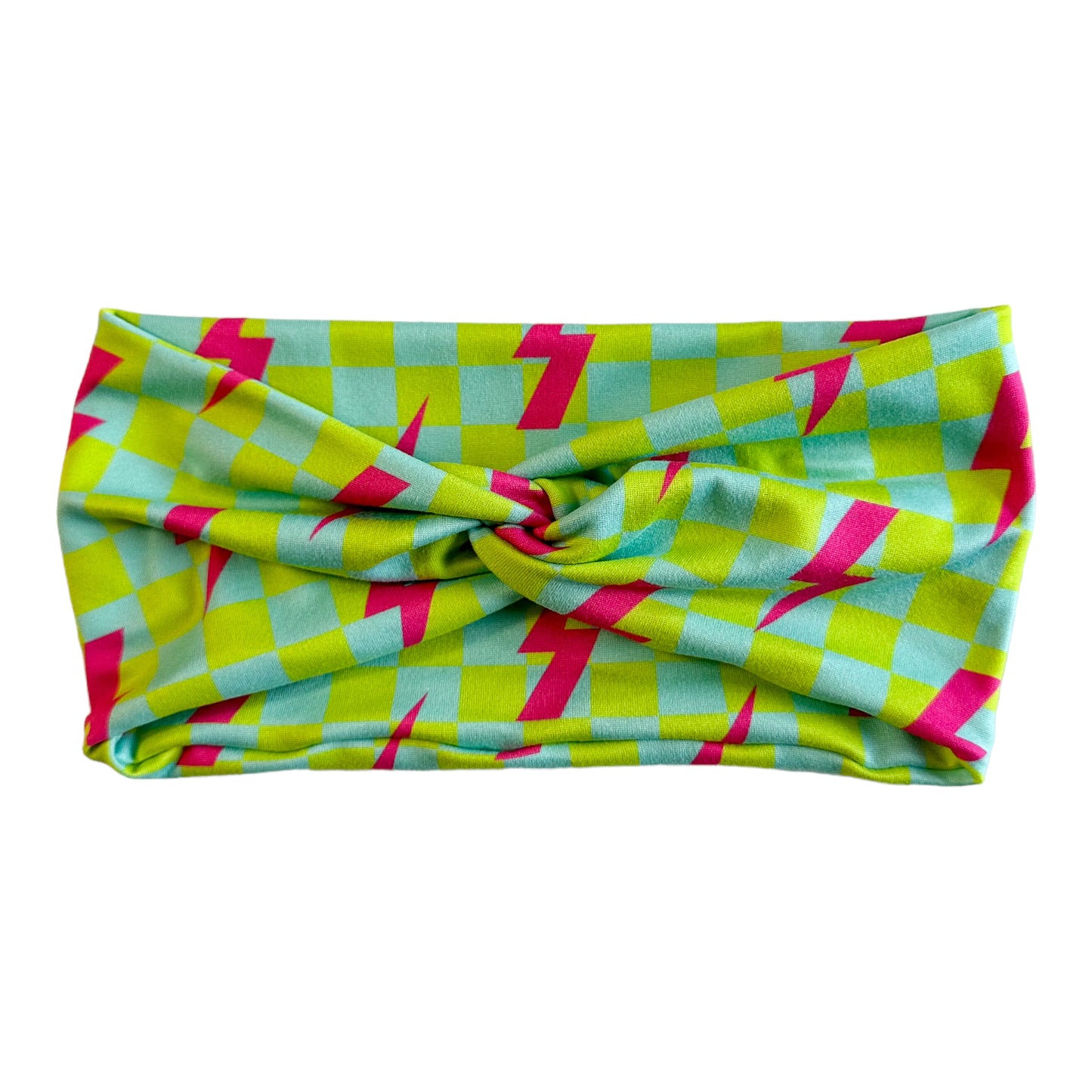 PINK BOLTS ON NEON CHECKERS - FRONT KNOT
