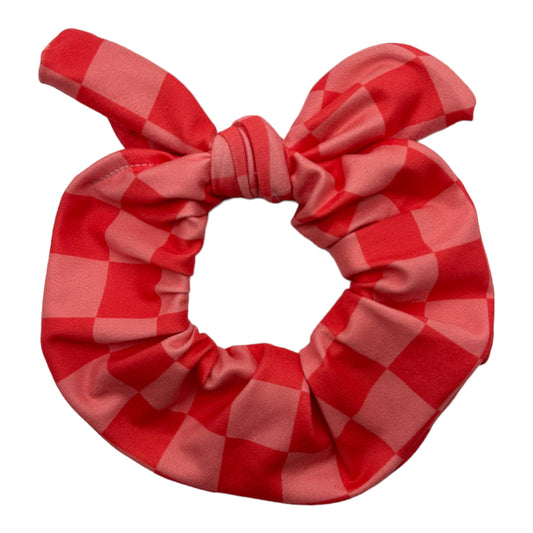 CORAL RED & PINK CHECKERS - BOW SCRUNCHIE