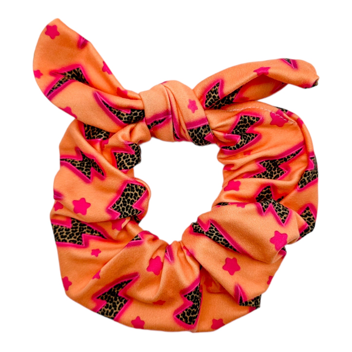 LEOPARD LIGHTNING BOLTS ON CORAL - BOW SCRUNCHIE