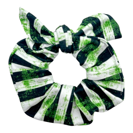 BLACK & WHITE STRIPES W/ GREEN - BOW SCRUNCHIE