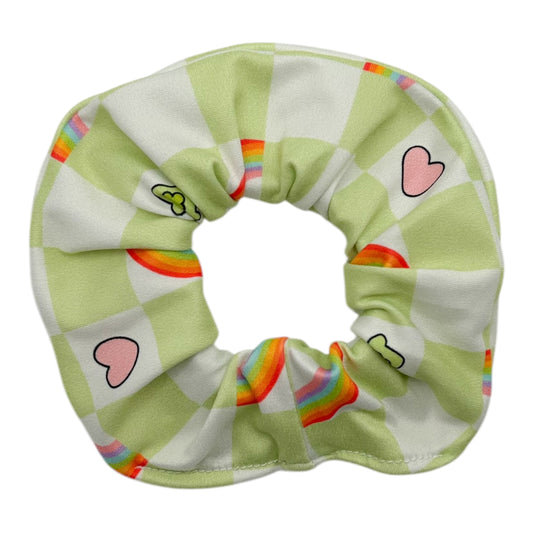 LIME & WHITE CHECKERS W/ MALLOWS - REGULAR SCRUNCHIE