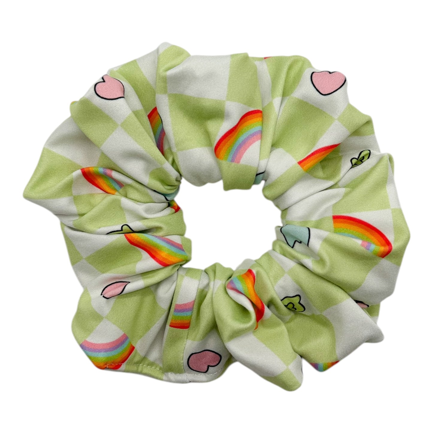 LIME & WHITE CHECKERS W/ MALLOWS - OVERSIZED SCRUNCHIE