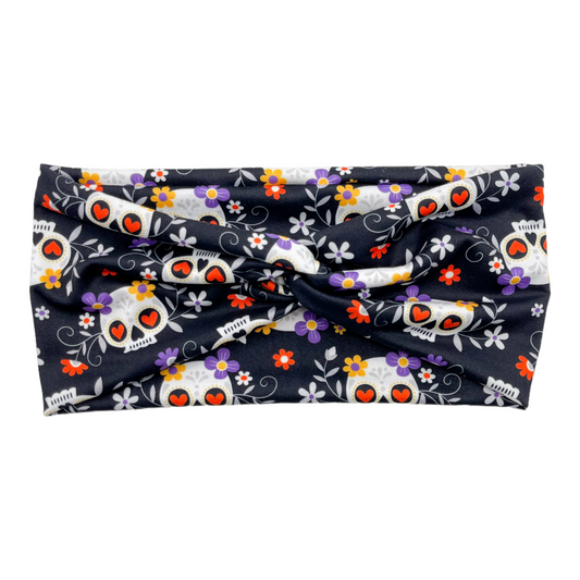 BLACK SKULLS W/ PURPLE FLORAL - FRONT KNOT