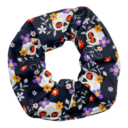 BLACK SKULLS W/ PURPLE FLORAL - REGULAR SCRUNCHIE